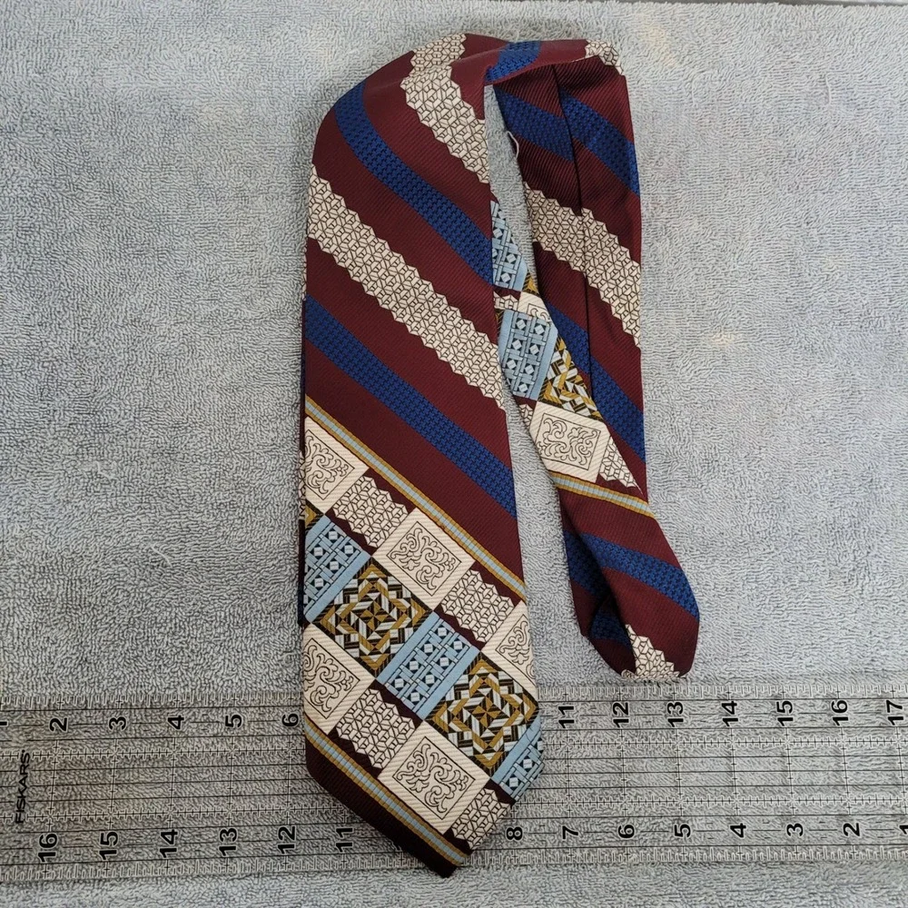 Guillermo de Luna Vintage Mens Geometric Stripe‎ Tie Burgundy Blue Wide 1970s